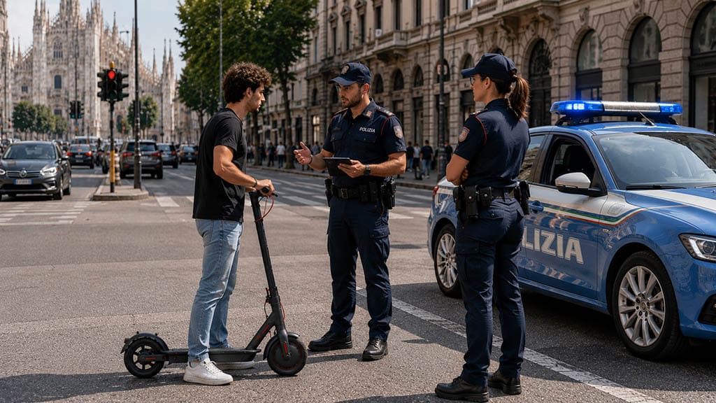 Controllo della polizia a conducente di monopattino elettrico senza casco durante un posto di blocco in città italiana