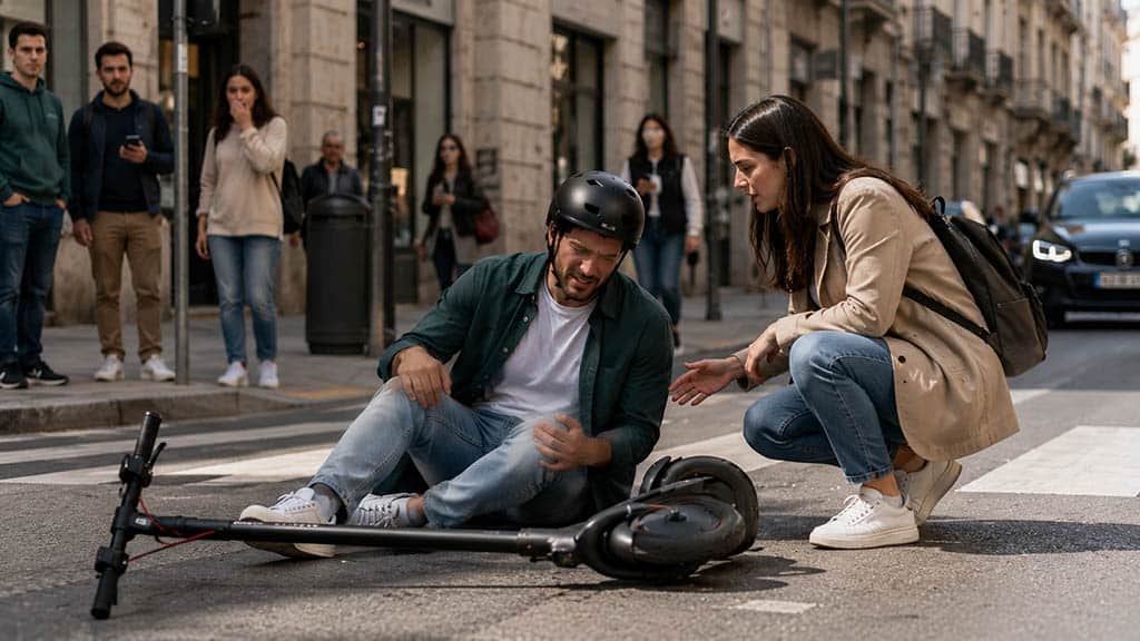 Piccolo incidente con monopattino elettrico in centro città con conducente a terra assistito da una ragazza dopo una caduta urbana