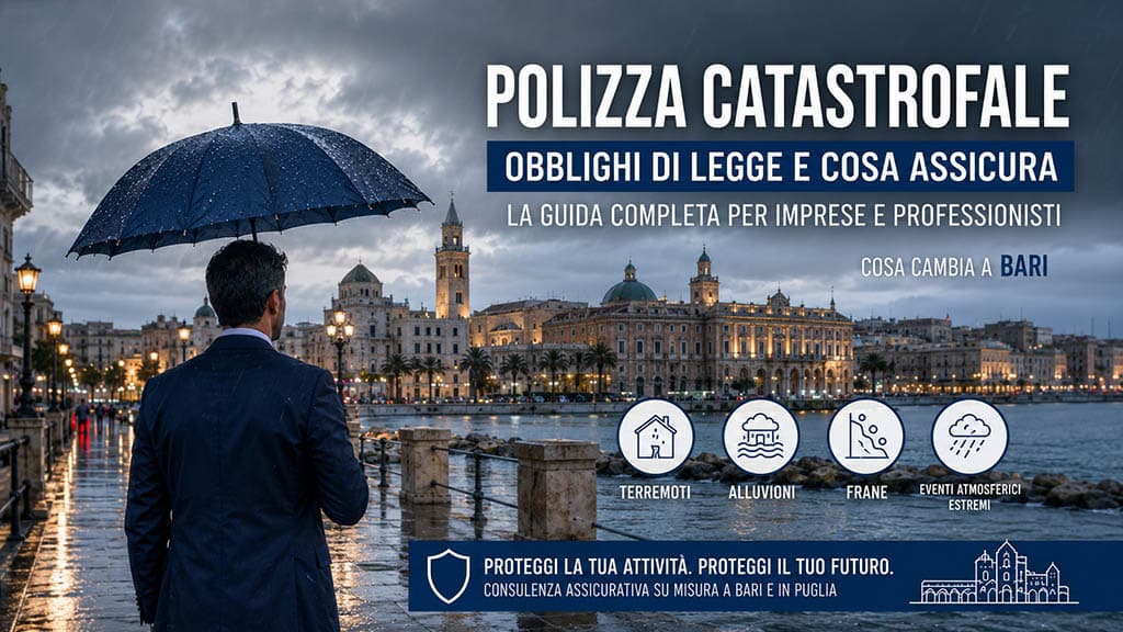 Professionista osserva il lungomare di Bari durante un forte temporale, immagine dedicata alla polizza catastrofale obbligatoria per imprese e professionisti in Puglia.