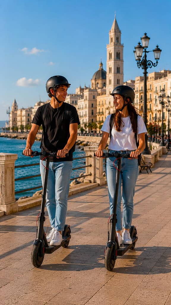 Due ragazzi con casco che utilizzano monopattini elettrici sul lungomare di Bari nel rispetto delle norme di sicurezza 2026