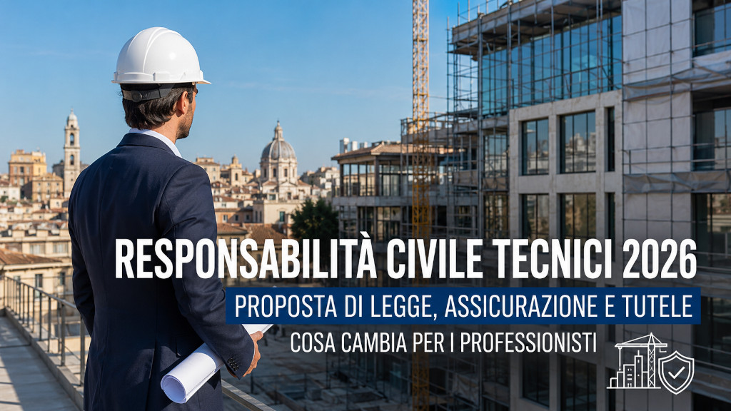 Professionista tecnico con casco in cantiere, articolo su responsabilità civile, assicurazione professionale e proposta di legge 2026